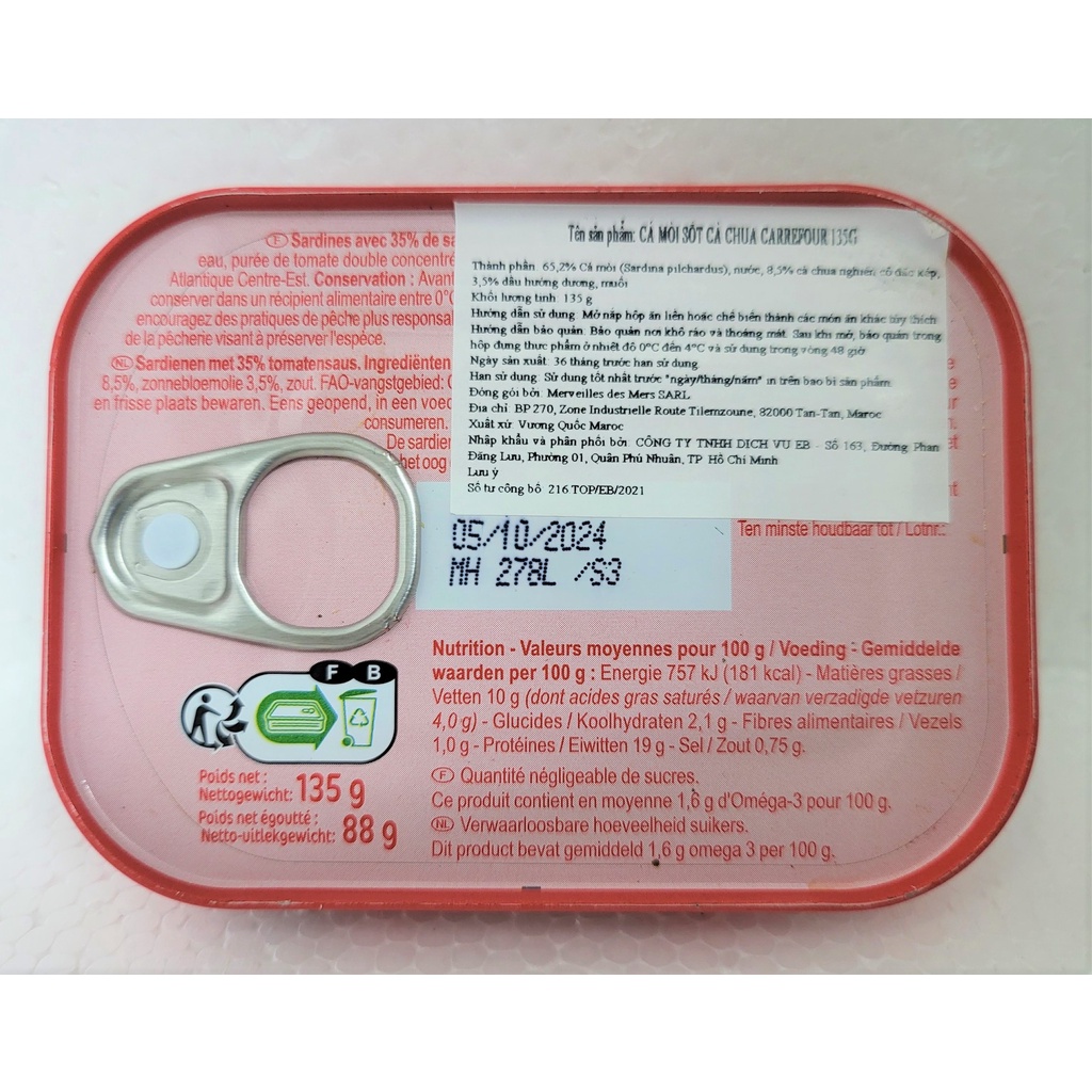[Hộp 135g – ĐỎ] CÁ MÒI XỐT CÀ CHUA Classic [Morocco] CARREFOUR Sardines In Tomato Sauce (atp)
