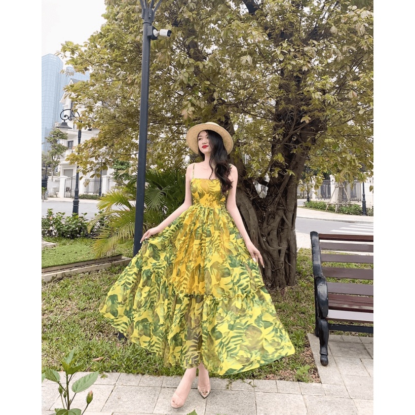 ĐẦM VOAN NỮ IN HOA DÁNG XÒE HAI DÂY THANH THOÁT NHƯ CÔNG CHÚA HHP FASHION