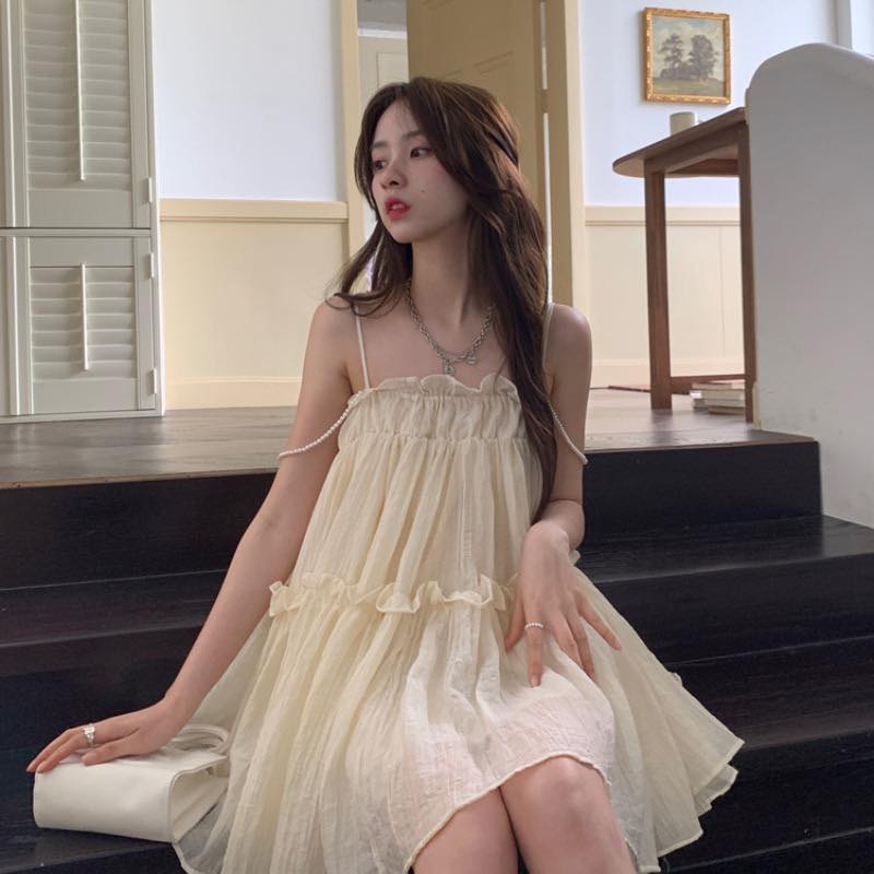 Đầm Xòe 2 Dây Đính Ngọc Phong Cách Hàn Quốc 🌺