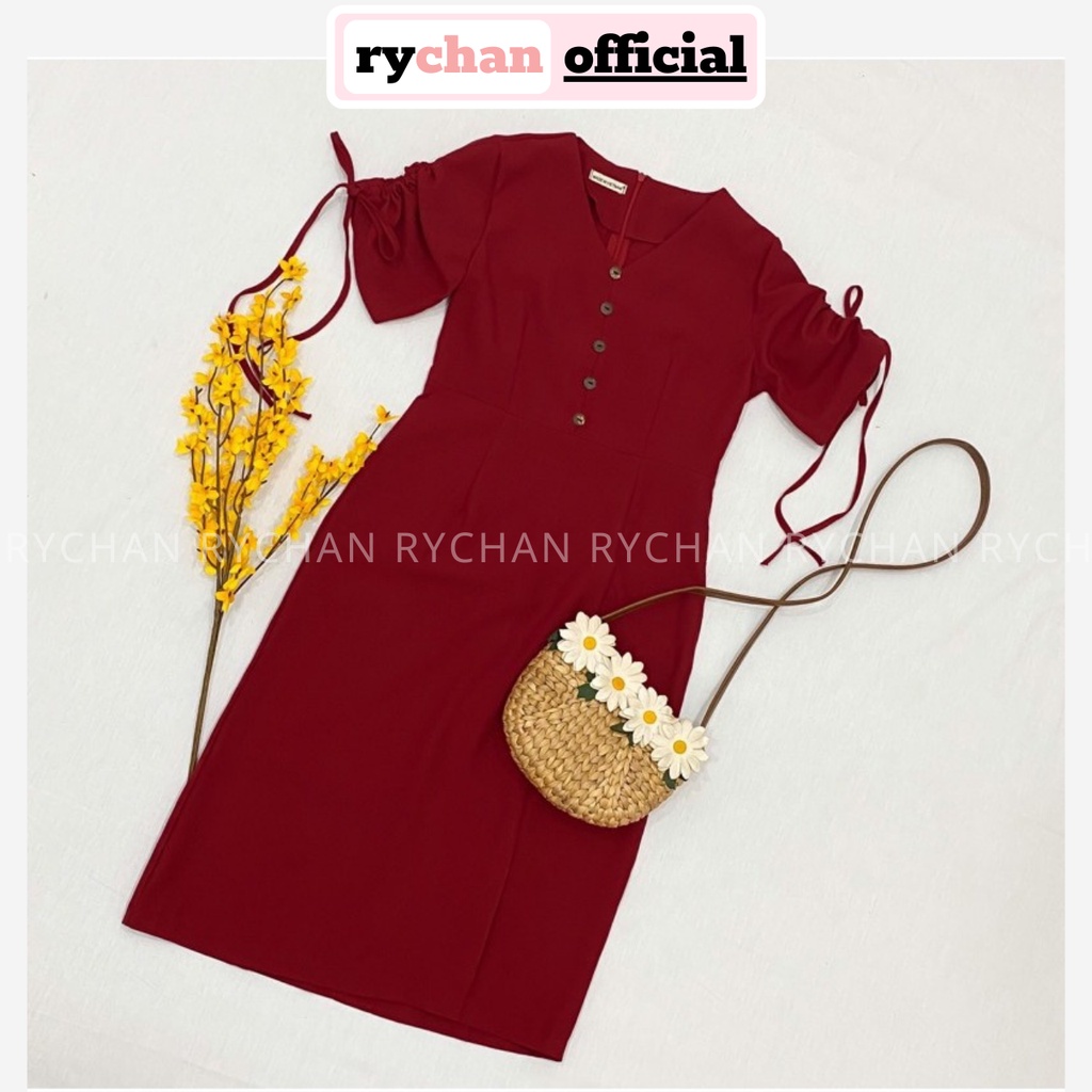 Đầm Dự Tiệc Cổ V Nút Trước Tay Ngắn Nơ Xẻ Tà Cực Sang Trọng Màu Đỏ Trắng [ẢNH THẬT CUỐI] - DX9811