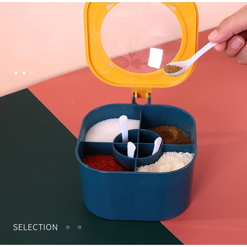 Hộp Tròn Bốn Ngăn Đựng Gia Vị Kèm Muỗng Cho Nhà Bếp