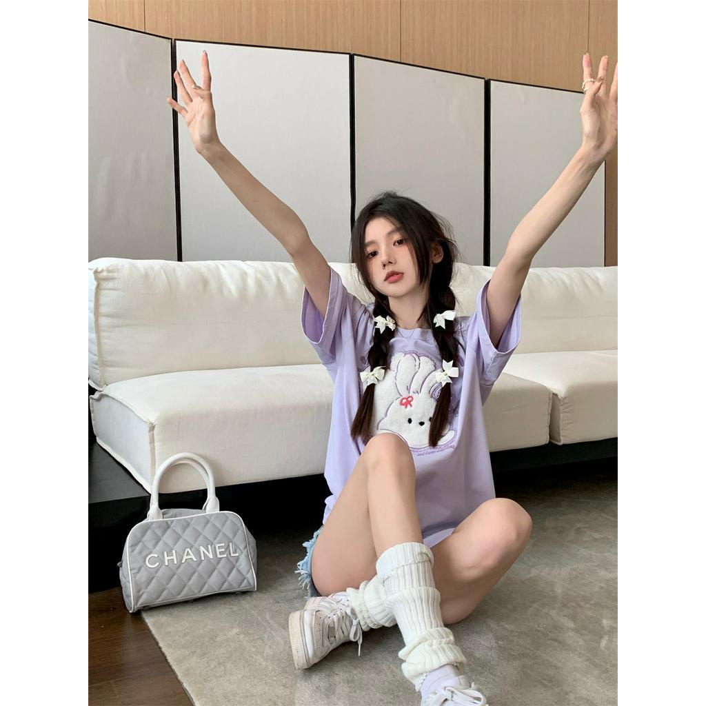 Áo Thun Tay Ngắn Rộng Thêu Hình Thỏ Dễ Thương 61850