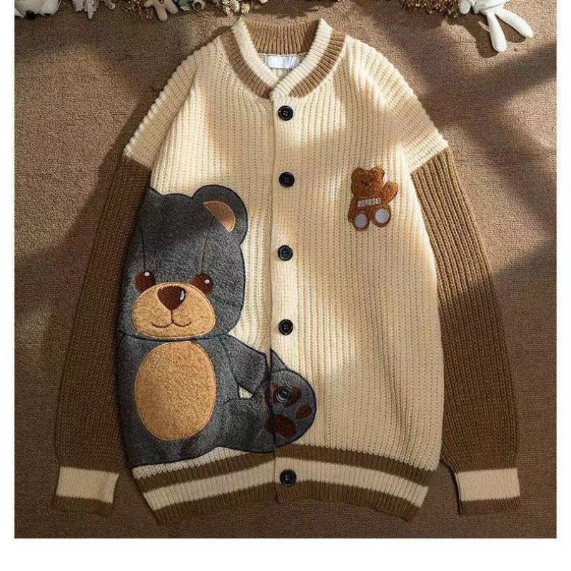 (Áo đôi) Áo khoác len Unisex hoạ tiết gấu