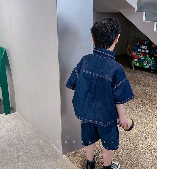 Bộ Áo Sơ Mi Ngắn Tay + Quần Đùi Denim Phong Cách Hàn Quốc Thời Trang Mùa Hè Mới Cho Bé Trai