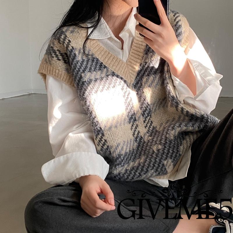 Áo len không tay cổ chữ V màu sắc vintage cho nữ