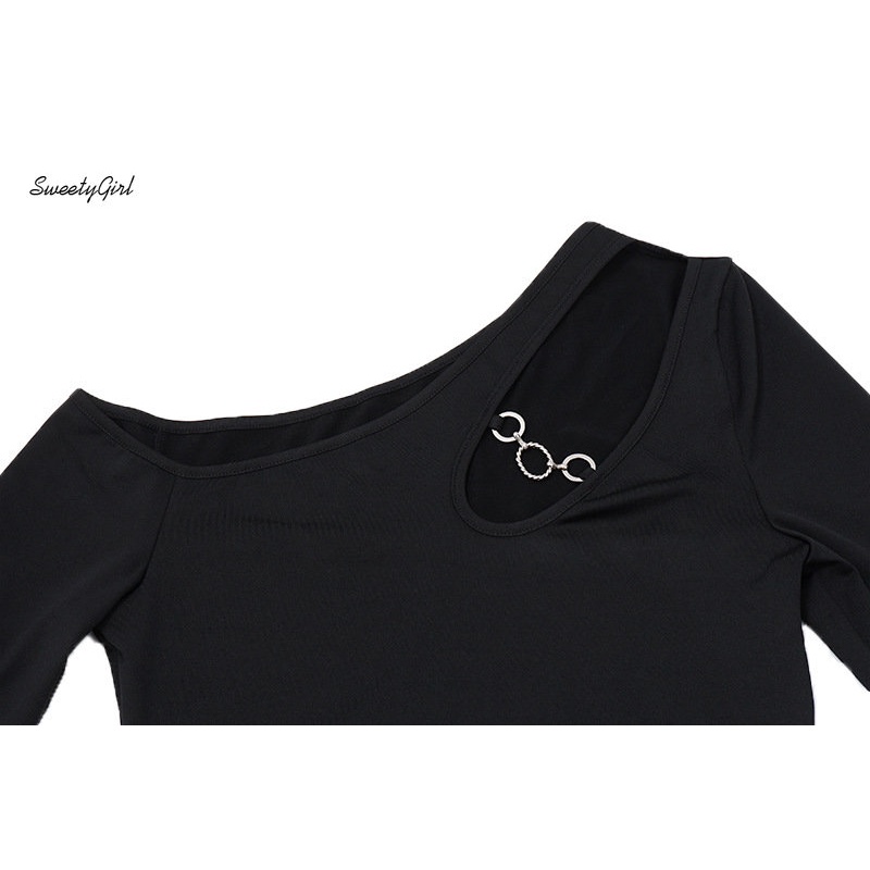 MsMona Áo Thun Tay Dài Hở Vai Dáng Ôm Màu Đen Trơn Thời Trang 2022 Dành Cho Nữ