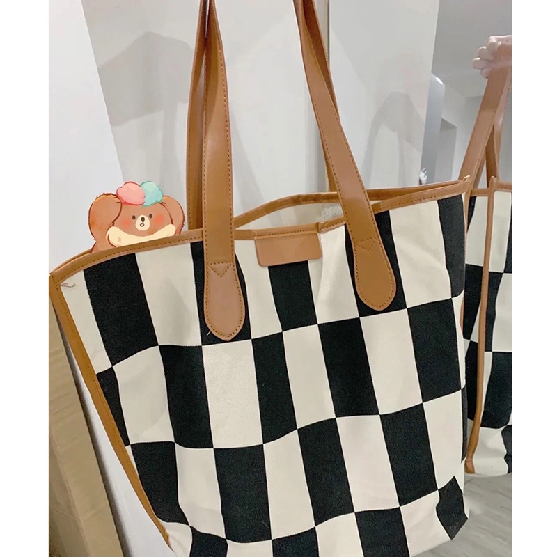 Túi đeo vai bằng vải canvas sức chứa lớn họa tiết bàn cờ kẻ ô dành cho bạn nữ