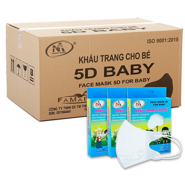 [5D BABY QUAI THUN- THÙNG 100 HỘP- HỘP 10 CÁI] Khẩu trang y tế trẻ em kháng khuẩn 3 lớp Famapro 5D BABY TRƠN