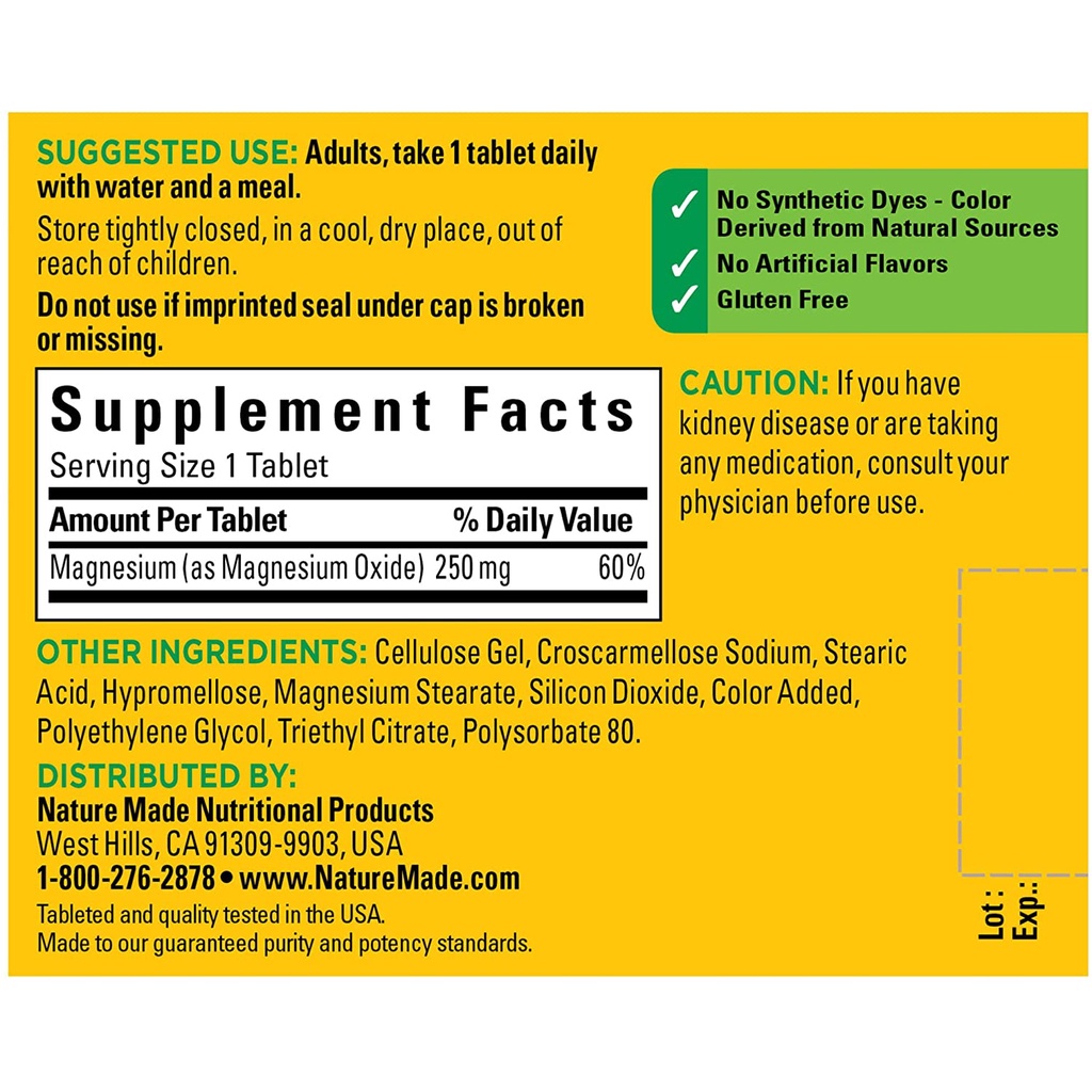 Viên Uống Bổ Sung Magie Nature Made Magnesium 250mg 100 viên