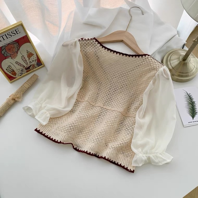 Hàng Sẵn_ Áo len dệt kim thêu ren tay bồng phong cách retro