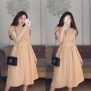 Đầm midi, váy dạo phố cổ V nút bọc 3 màu (kèm hình thật)