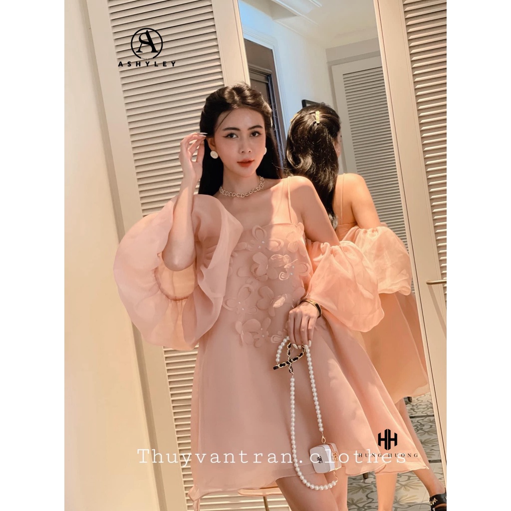 VÁY TƠ ORGANZA BỆT VAI TAY BỒNG ĐÍNH HOA NGỰC