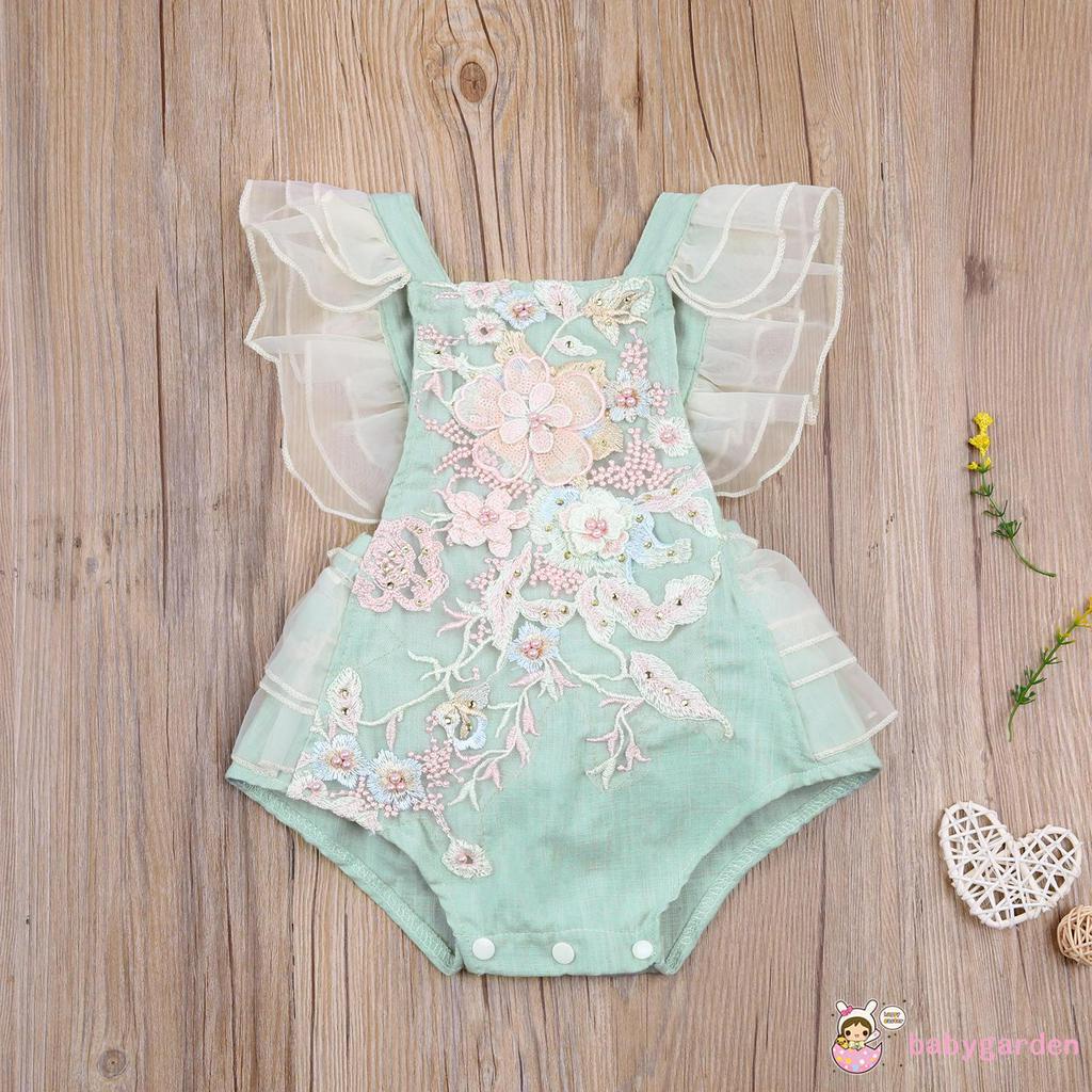 Áo liền quần cổ vuông thêu họa tiết hoa dễ thương cho bé gái