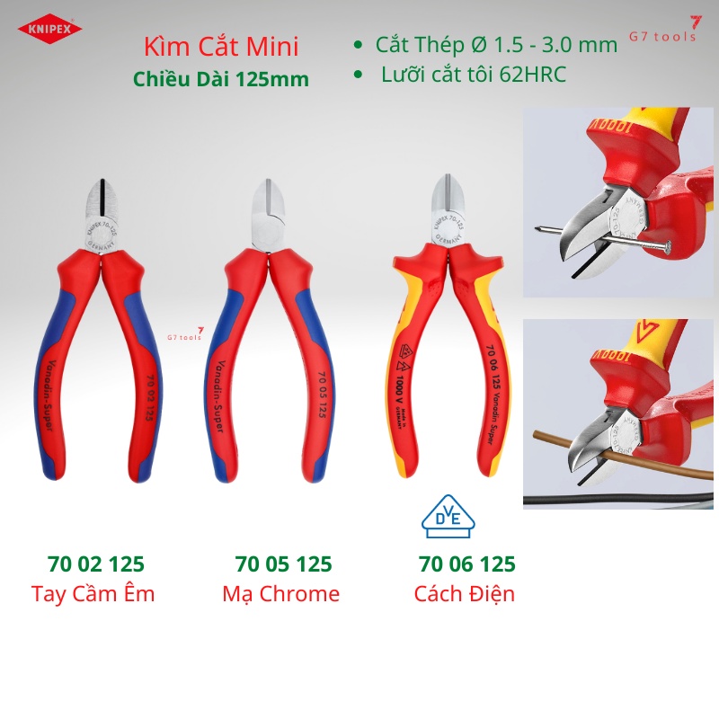 Kìm Cắt Mũi Thon Mini Chiều Dài 125mm Knipex 70 01 125/ 70 02 125/ 70 05 125/ 70 06 125 Lưỡi Cắt Tôi Cứng 62HRC Germany