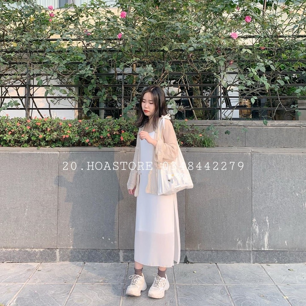 VÁY HAI DÂY MAXI VOAN DÀI HOT - ĐẦM SUÔNG 2 LỚP MÀU TRẮNG ĐEN