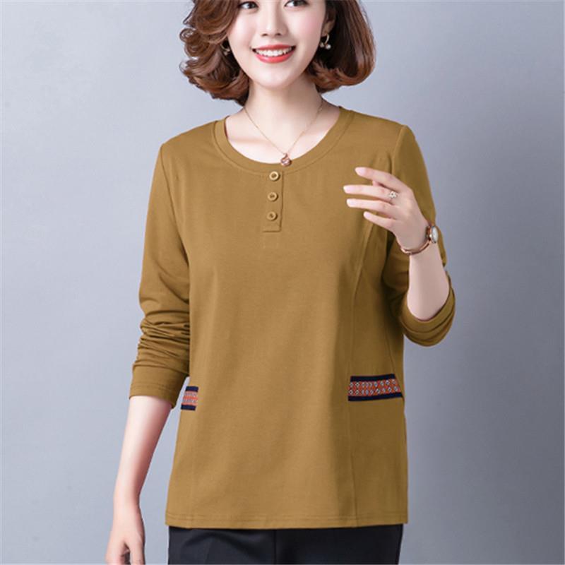 Áo thun cotton cổ tròn tay dài plus size cho phụ nữ trung niên
