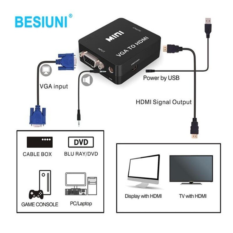 Thiết bị chuyển cổng kết nối 1080P VGA sang HDMI với âm thanh VGA2HDMI 1080P cho máy tính/ TV