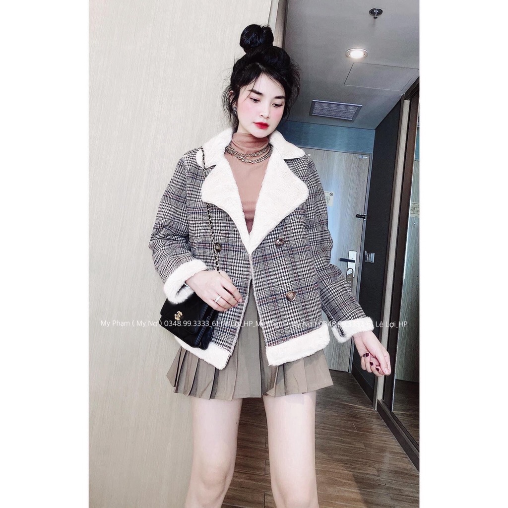 ÁO KHOÁC DẠ KẺ LÓT LÔNG DÁNG NGẮN
