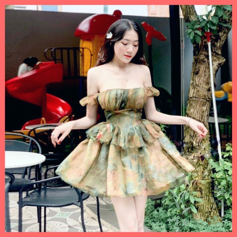 Váy voan tơ hoa nhí trễ vai cúp ngực. Đầm xoè tầng dáng ngắn Lolita