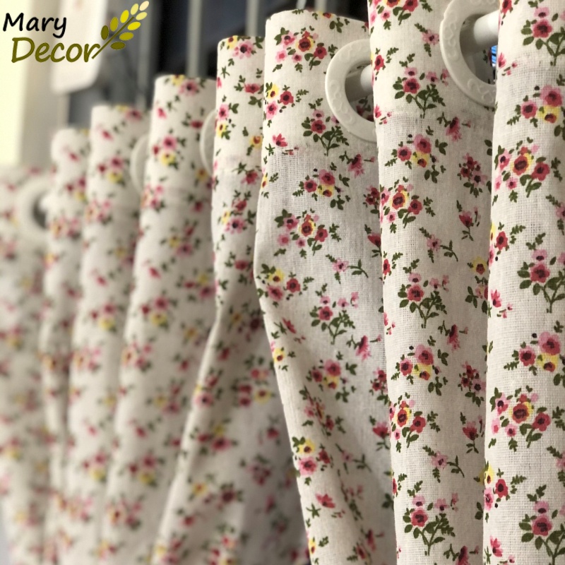 Rèm cửa đẹp trang trí vải bố linen đậm chất vintage - họa tiết Hoa nhí hồng vàng nhạt R-A08