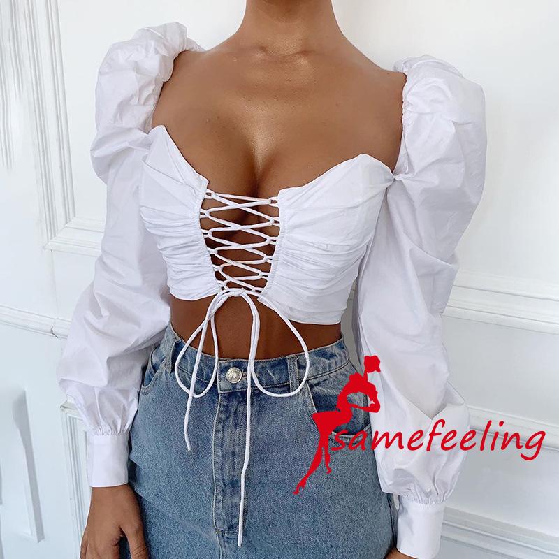 Áo Croptop Tay Phồng Dài Cổ Chữ V Khoét Sâu Hở Lưng Quyến Rũ