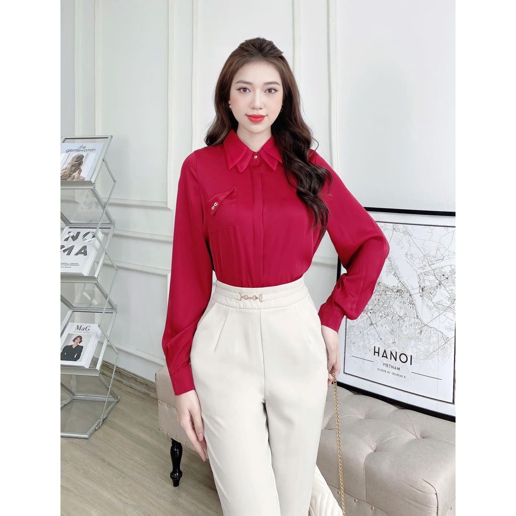 Áo sơ mi lụa dài tay Odelia cổ voan 2 tầng, có túi ngực - A6498