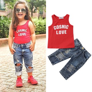 Set áo ba lỗ + quần jean rách gối cá tính cho bé gái