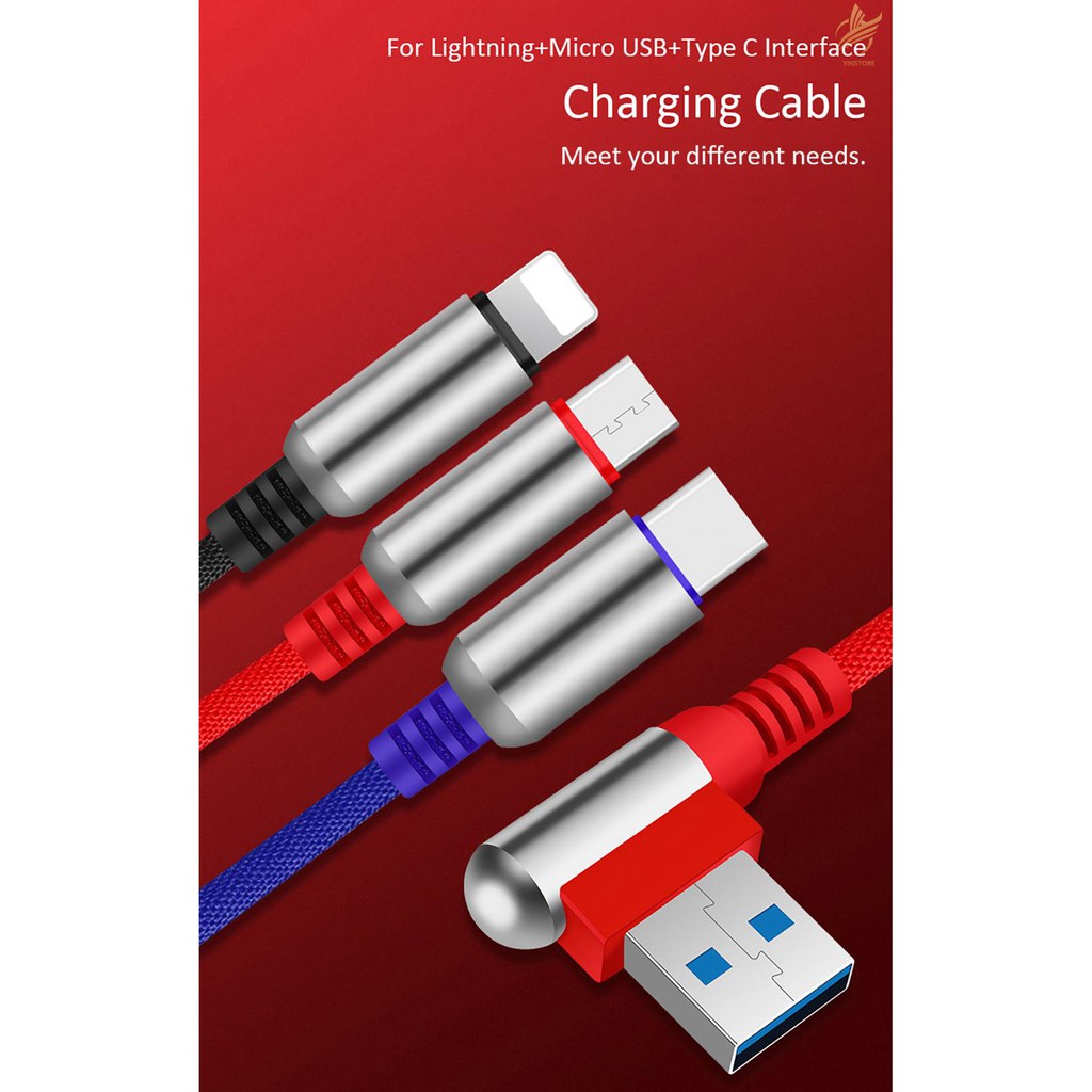 ✜3-In-1 Charging Cable USB to Micro USB + Type C + Lightning Charging Cable Fast Charging Wire Mobile Phone Charging Ada