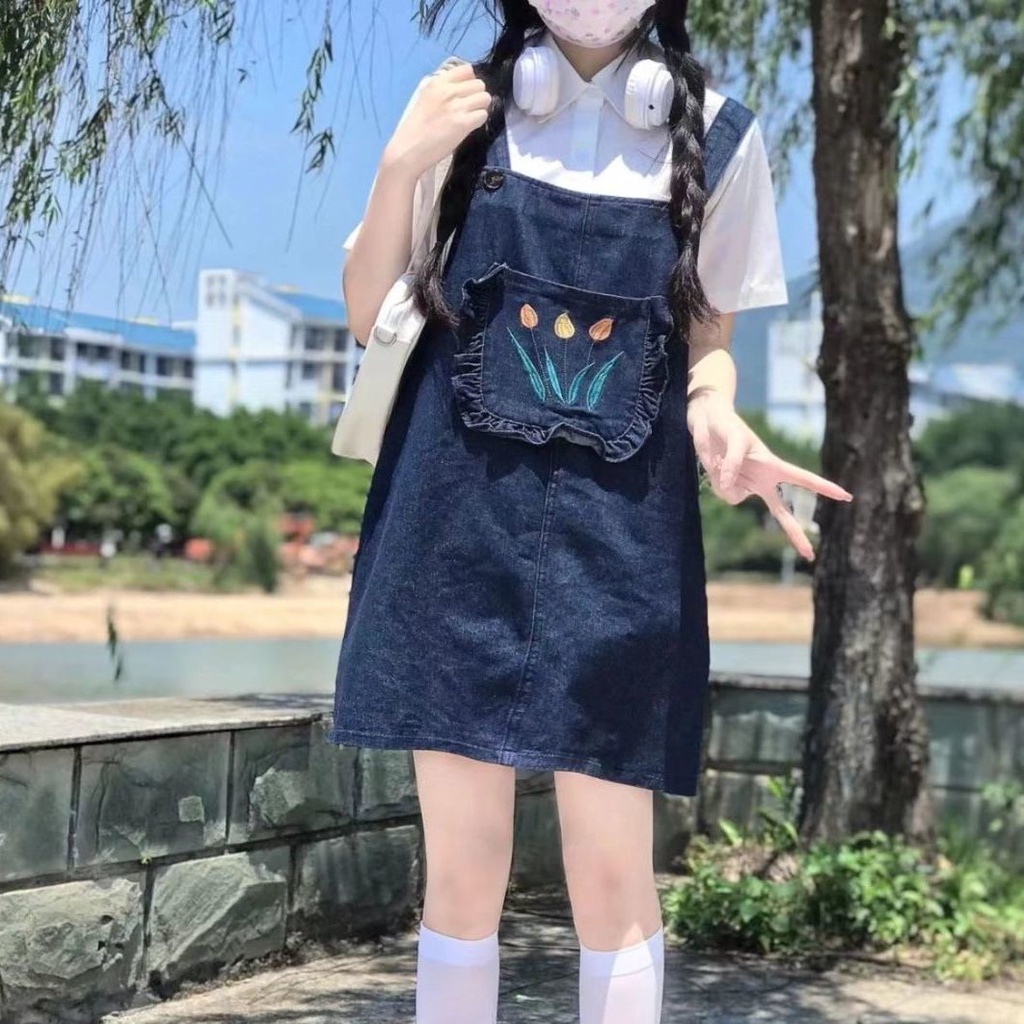Bộ Áo Sơ Mi Trắng Dáng Rộng + Chân Váy Yếm Denim Phong Cách Nhật Hàn Thời Trang Mùa Hè Cho Nữ