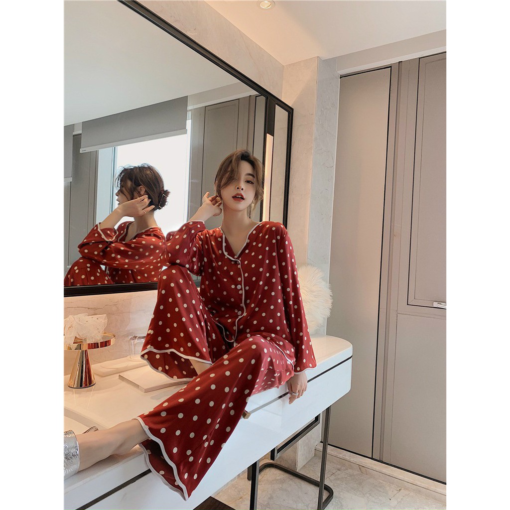 Bộ đồ ngủ pijama lụa cao cấp quần dài tay dài chấm bi viền màu chất lụa đẹp cao cấp