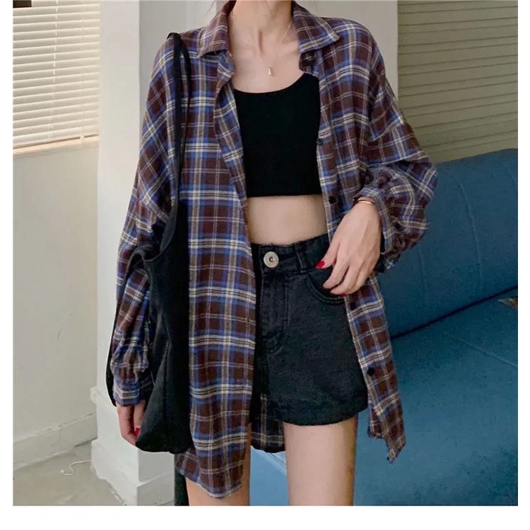 Áo sơ mi tay dài họa tiết kẻ sọc ca rô thời trang Hàn Quốc cho nữ