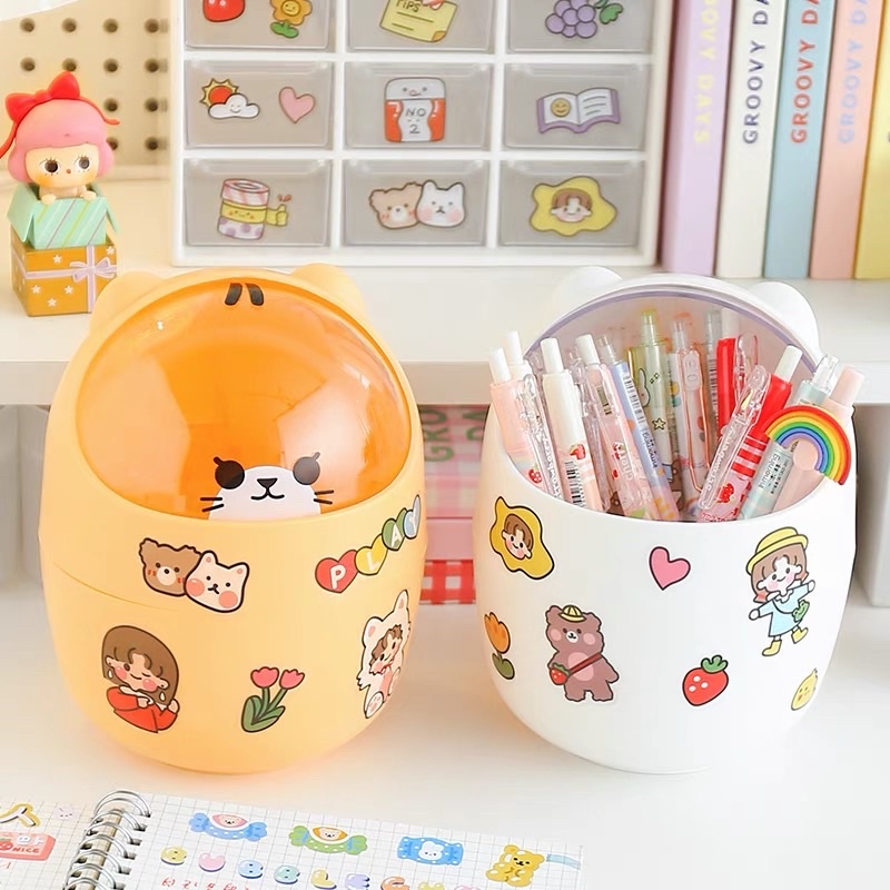 Thùng rác mini , hộp đựng bút cute để bàn hình gấu có nắp dùng decor bàn học