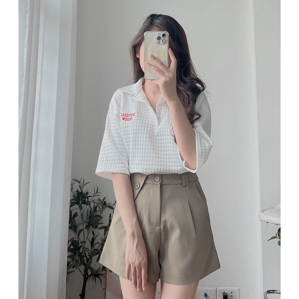 Áo Polo Thun Xốp 1Ess PEONYB Nữ [FREESHIP]  Phông form rộng tay lỡ thêu chữ đỏ 3158 kiểu đường phố hàn quốc Ulzzang