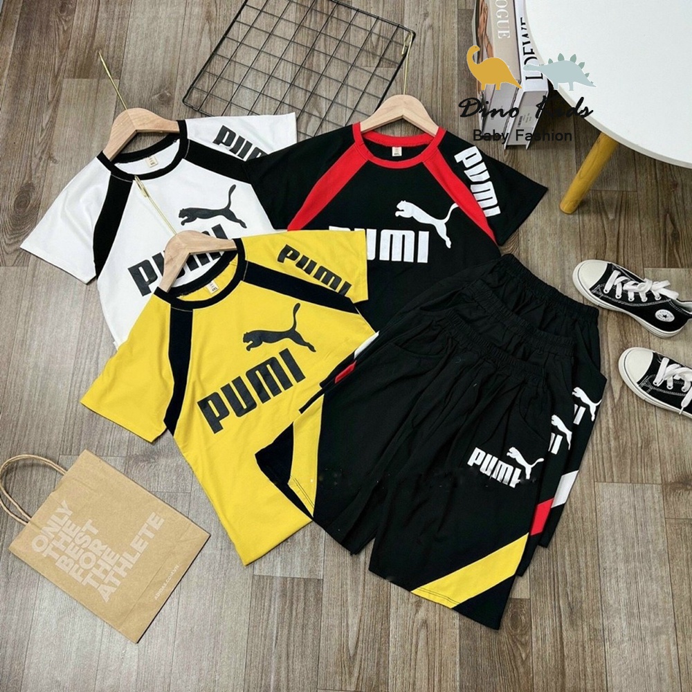 Bộ thể thao mùa hè bé trai, Bộ quần áo cộc tay Pu.ma chất cotton tàu phối màu khỏe khoắn cho bé 8-30kg