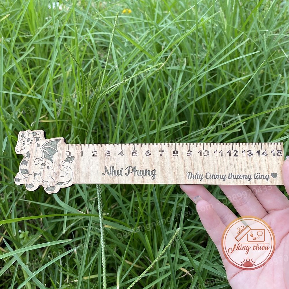 Thước gỗ khắc laser các hình ngẫu nhiên - Dụng cụ học tập khắc tên theo yêu cầu - Độ dài 15cm