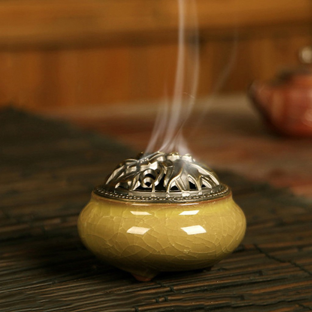 (Mua Lư Tặng Trầm) Lư Xông Trầm Gốm Sứ Bát Tràng màu Vàng- Có lót bạc