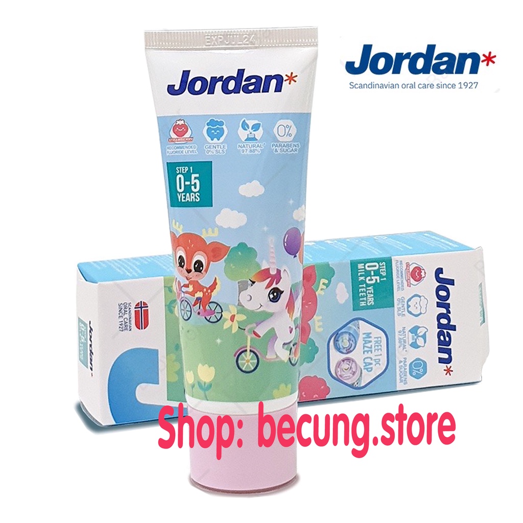 Kem đánh răng Jordan cho bé vị dâu & vị nho 75g (0-5 tuổi, 6-12 tuổi).