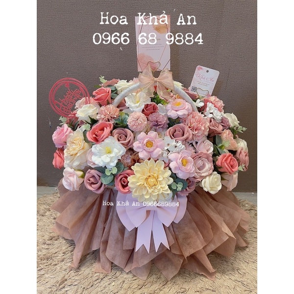 [Lẵng hoa Khai Trương, Sinh nhật] Lẵng Khả An làm bởi hoa sáp cao cấp mix hoa lụa Hàn cực đẹp. KT 45 x 50cm