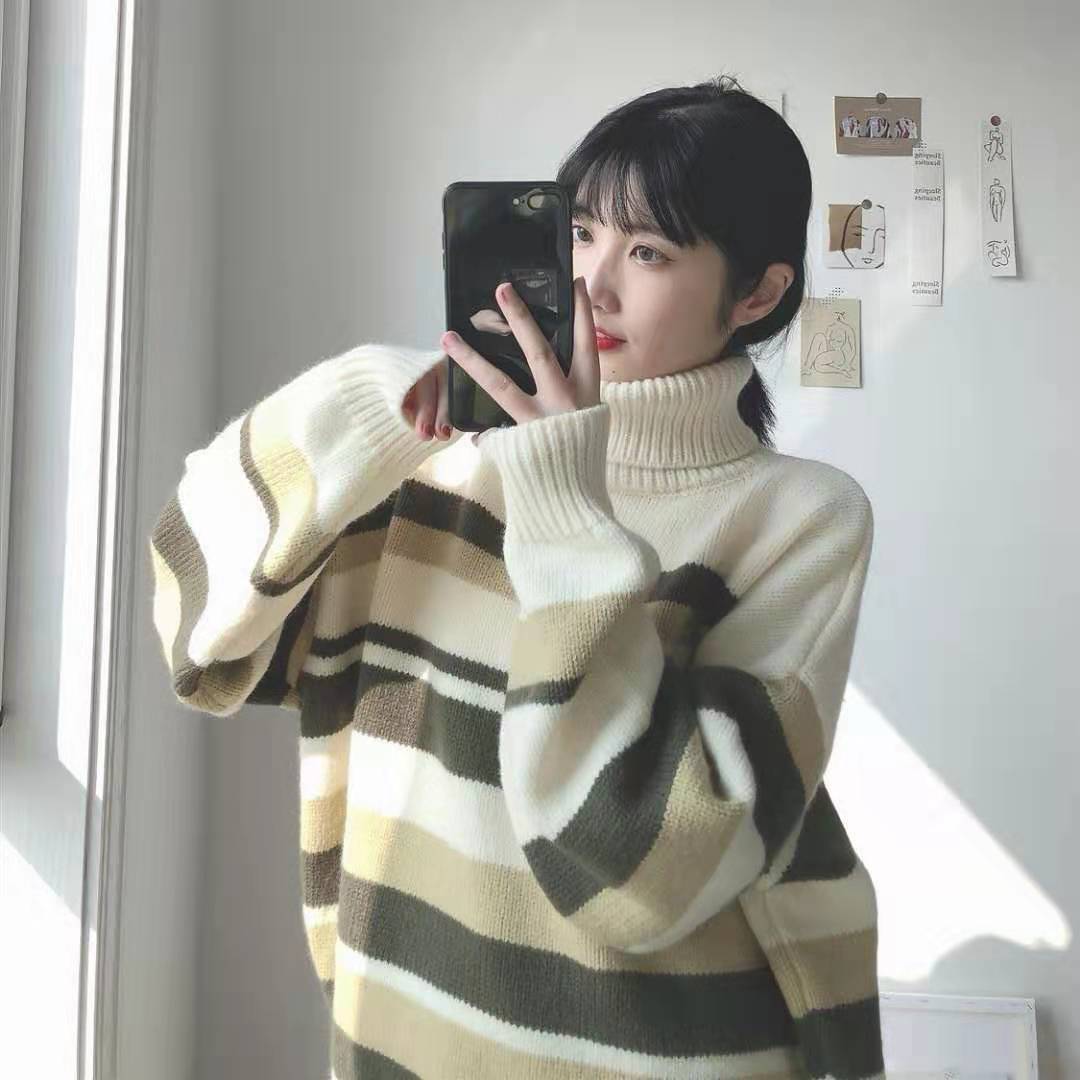 🌸Áo Sweater dáng dài thời trang trẻ trung🌸Áo Sweater dáng rộng cổ lọ kẻ sọc thời trang thu đông cho nữ