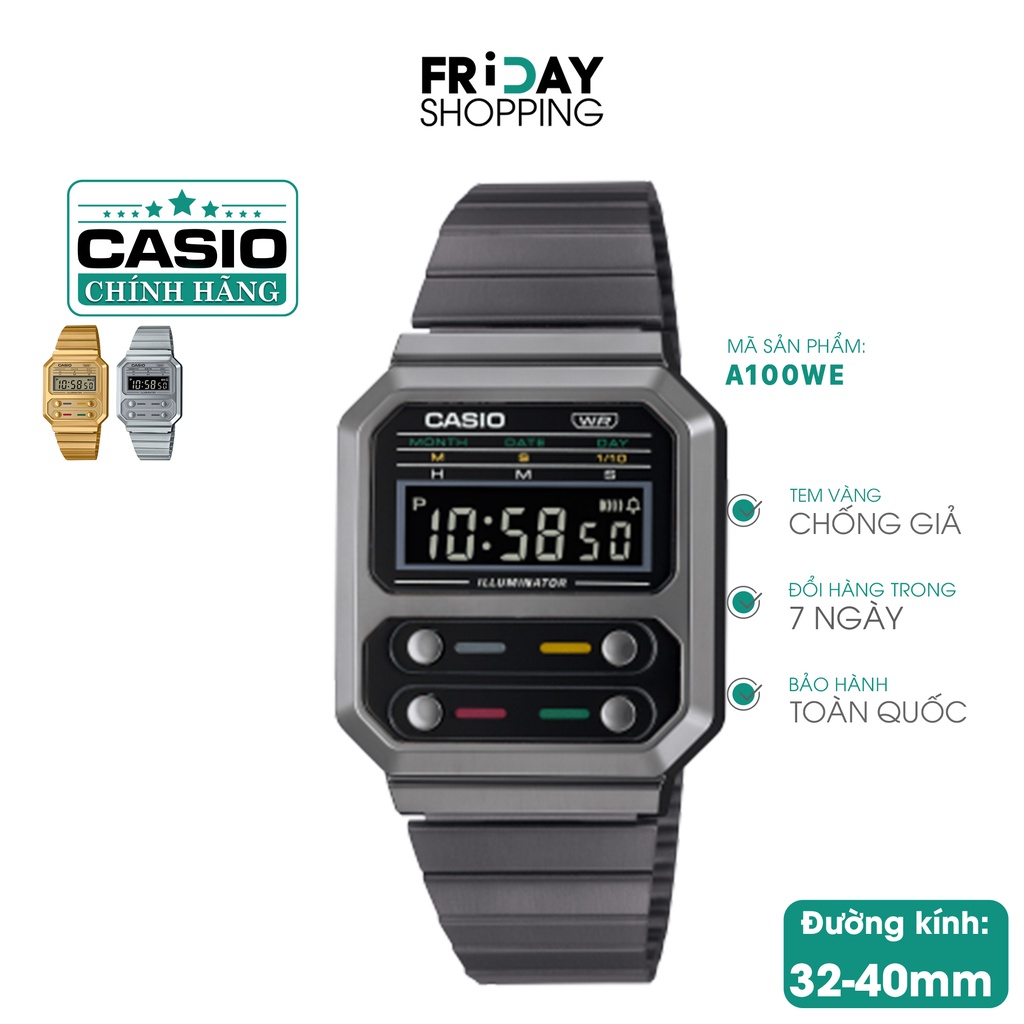 Đồng hồ nam điện tử Casio dây kim loại A100WE-1ADF chính hãng
