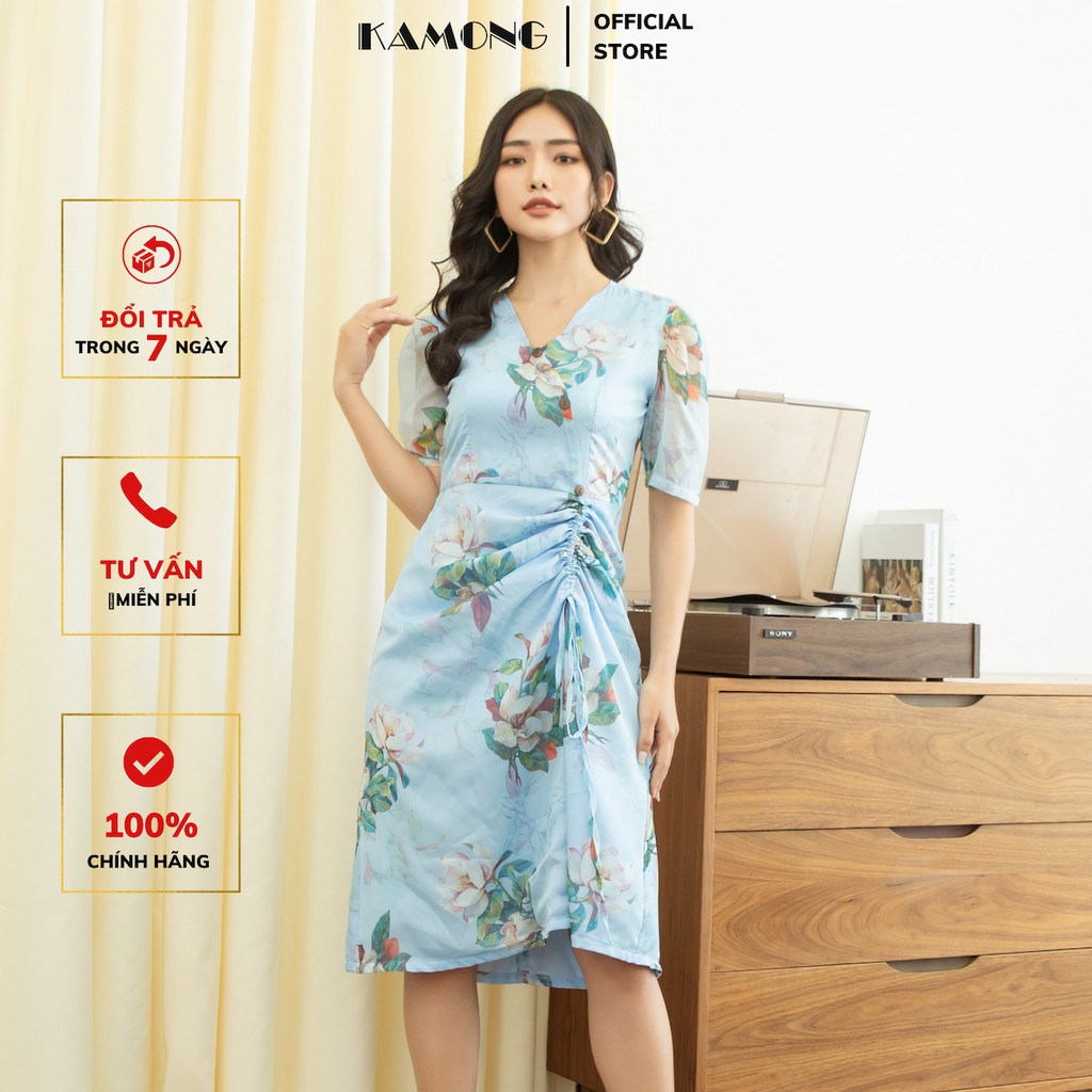 Đầm nữ voan hoa vạt chéo rút dây tùng KAMONG D142