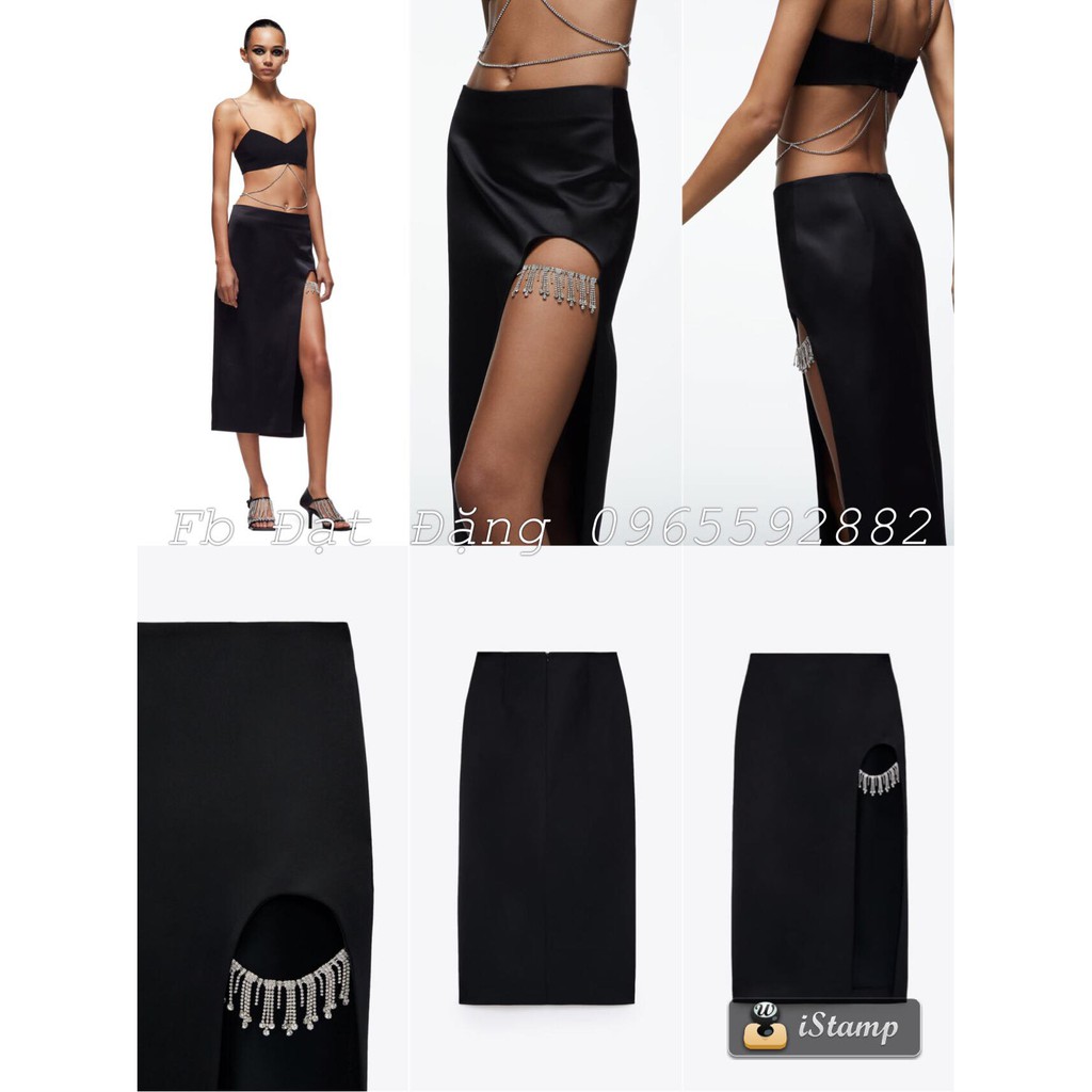 Chân váy vải giả sa tanh phối tua rua đá lấp lánh Zara size S 8737/563