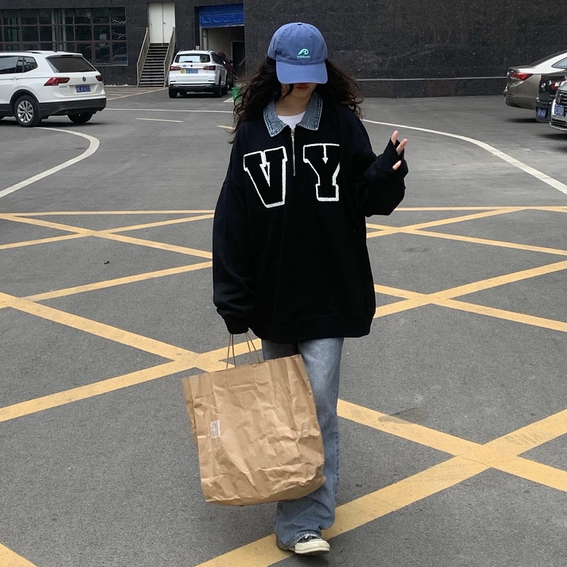 Áo nỉ dài tay cổ gập thêu chữ thời trang
 | BigBuy360 - bigbuy360.vn