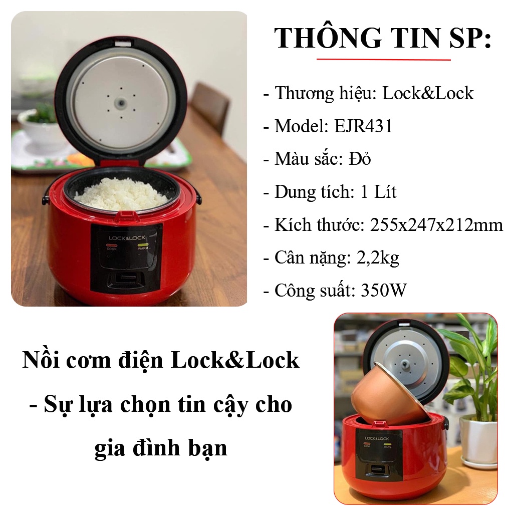 [HÀNG CHÍNH HÃNG] Nồi cơm điện Lock and Lock - 1 lít - nấu cơm cực ngon - màu đỏ