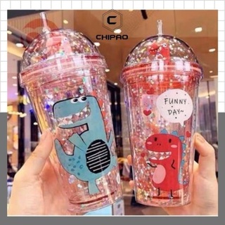 Bình nước cute giữ nhiệt khủng long 2 lớp 500ml có ống hút chipao store