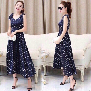 Đầm maxi chấm bi nơ vai eo thun siêu xinh