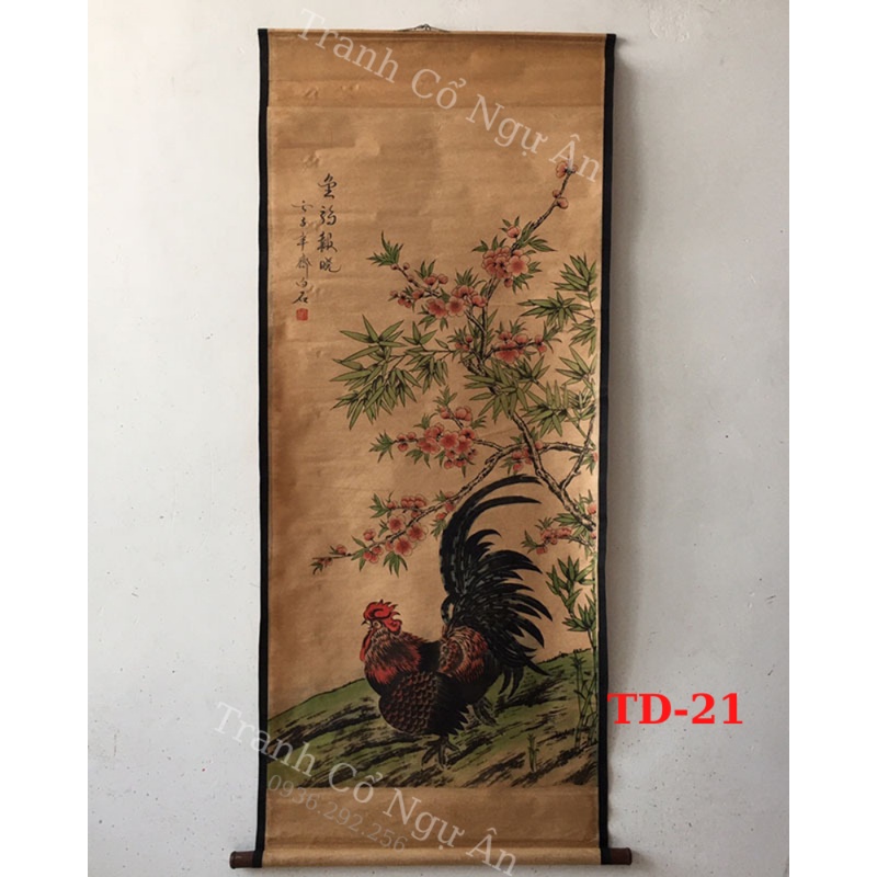 Tranh Phúc Lộc Trường Tồn Tranh Gà Trống 160cmx65 tranh phong thủy bình an tài lộc tranh cổ xưa giấy dầu tranh cổ Ngự Ân