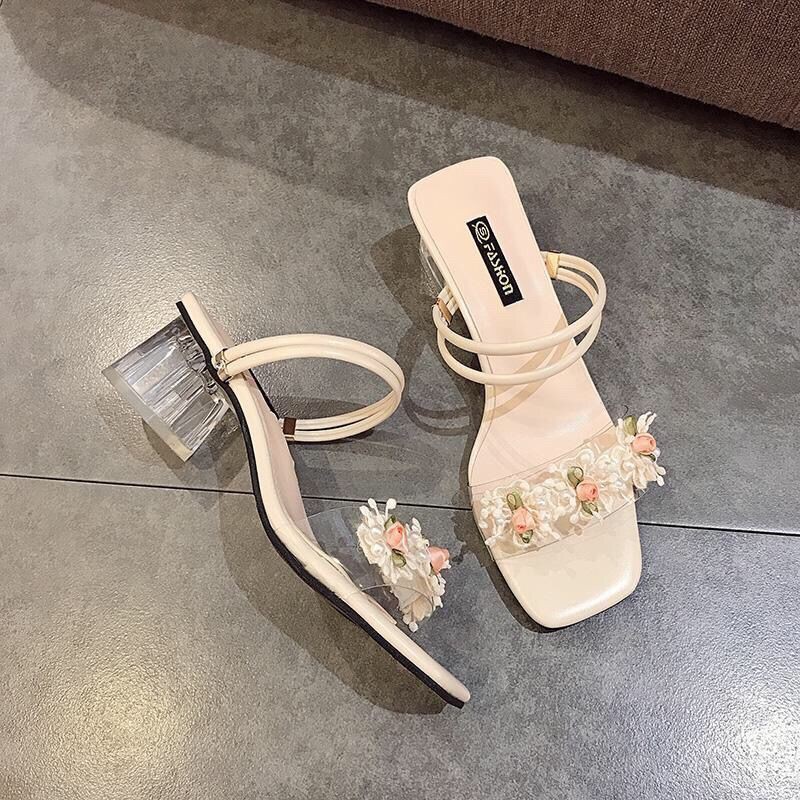 giày sandal 7cmdép gótGuốc/Dép nữgiày caodép thời trang giày 7cmdép đế caoGiàyDép Nữ dép cao từGiàygiày nữ caosandals female 2021 new spring and summer fairy style Korean fashion flower high-heeled two-wear thick heel slippers