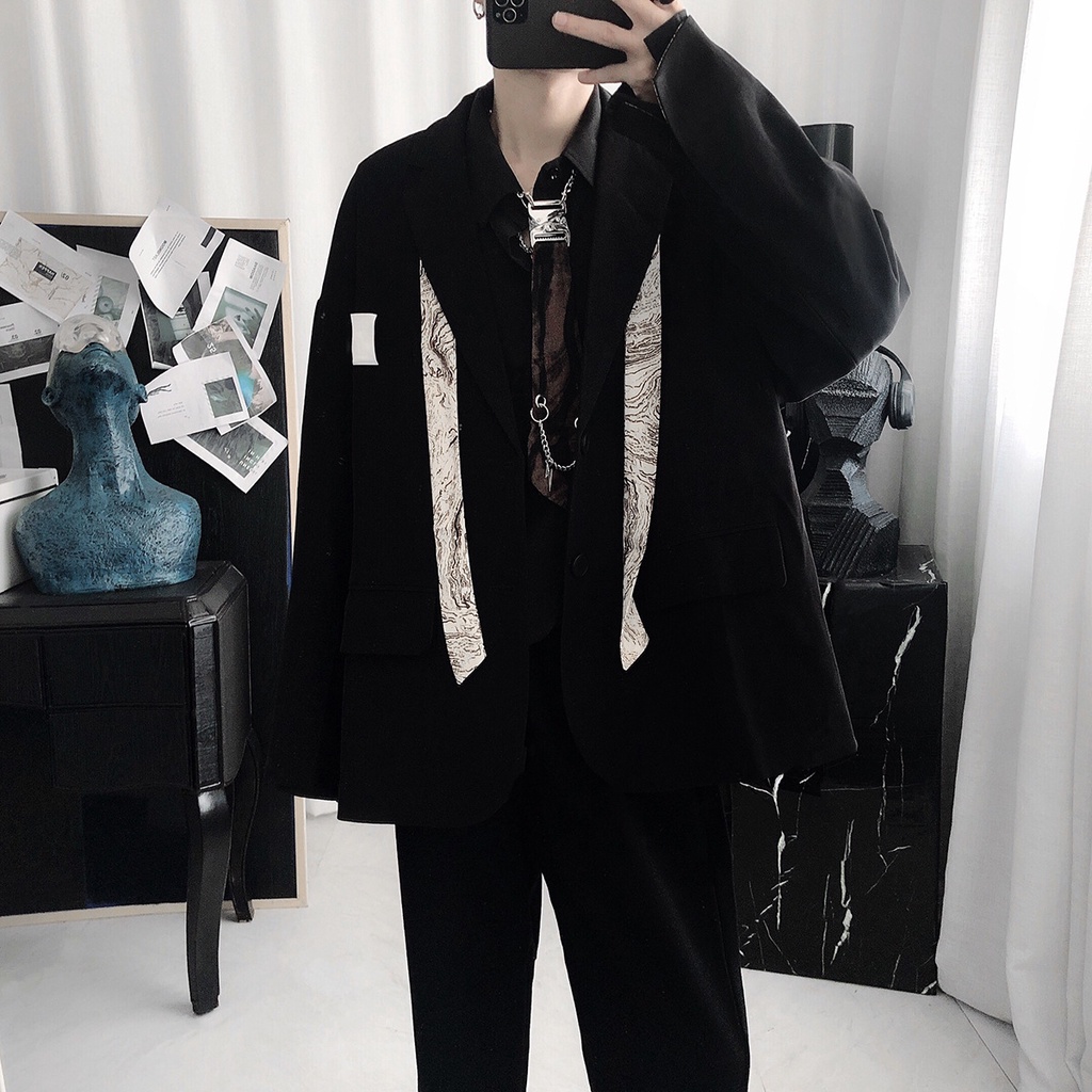 Áo Khoác Vest Tay Dài Dáng Rộng Phối Cà Vạt Kiểu Preppy Cá Tính Cho Nam