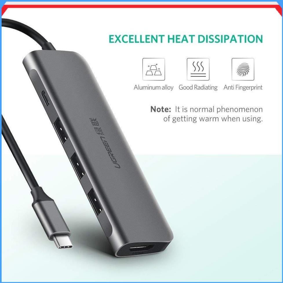 Cáp Chuyển Hub Ugreen 5 In 1 USB Type C Sang HDMI + USB 3.0*3 + PD Ugreen 50209 Chính Hãng Việt Nam